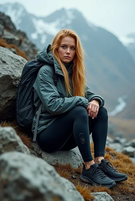 Naturescape photography; mountain climbing; Full body view; (1woman:0.5, solo), (slender body), (Small breasts) , (soaking wet wind jacket , soaked wet running tights , wet wear, terrain running shoes, big rucksack), ((sitting with her legs folded, shelter...