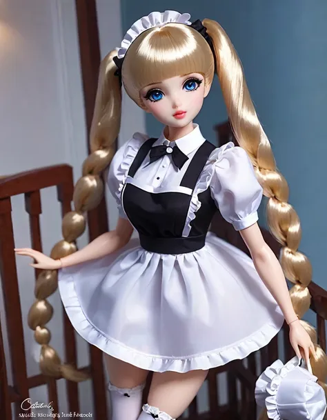 (masterpiece, best quality: 1.2), 1twintails barbie doll,doll，colloid， exquisite eyes, wide hips, colloid皮肤，(wearing maid dress)...