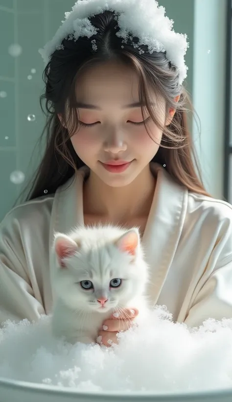 Create an Asian beauty with long hair，Regular facial features，Wearing a white satin bathrobe，Washing hair with both hands above the head，A cute white kitten next to it plays with the foam，Real bubbles，Foam envelops the beautys entire head，Beautiful girl op...