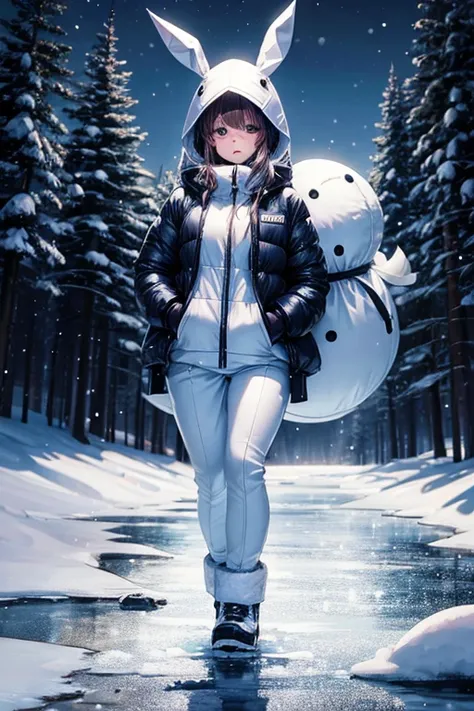 Snow bunny suit, winter night, dark night, soaked, walking on a frozen lake