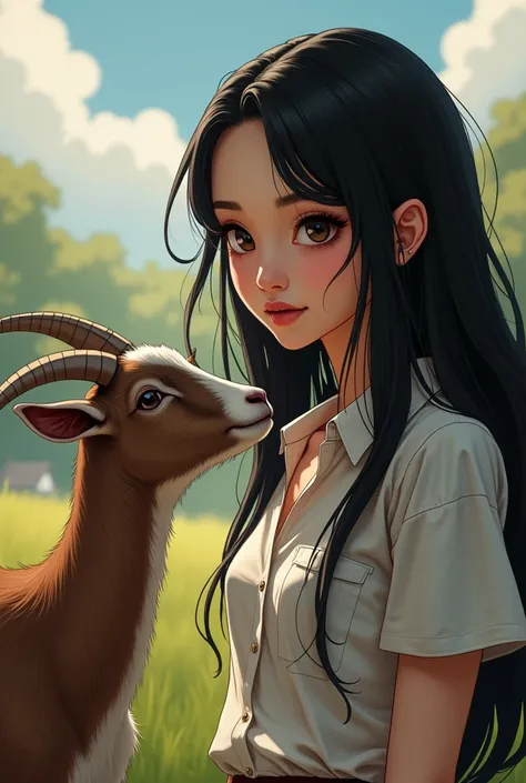 Beautiful black haired girl with a Karina shirt wants the goat the image that is seen from the front 