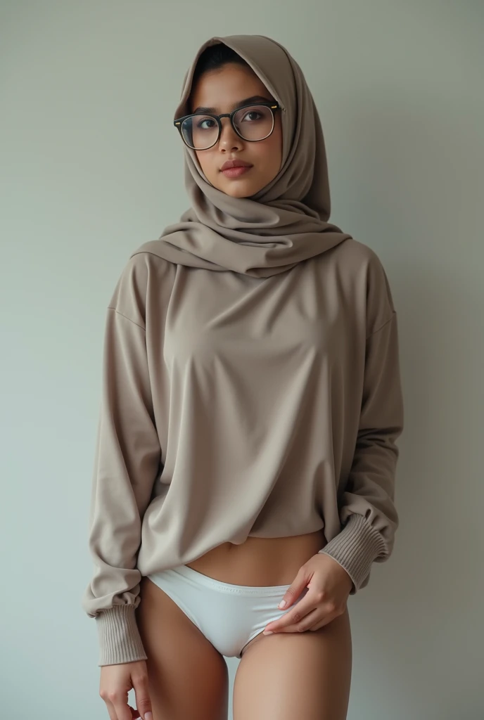 20 year old Indonesian woman, standing, lifting one leg, Wearing glasses, wearing hijab, wearing Underwear, facing the camera, high quality and realistic image, Body is a little fat,