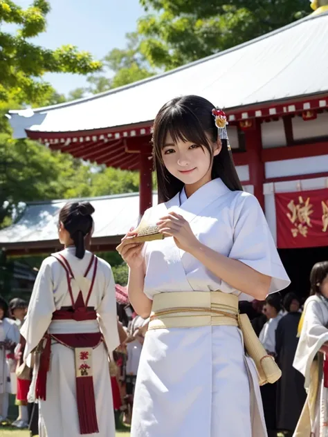 Realistic Japanese women、Shortcuts、White loincloth、Torsion、Holding a fan、The background is a festival scene with a portable shrine.