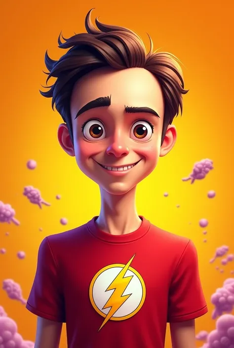 Sheldon cooper with curly hair, without glasses, wearing the t-shirt with the flash symbol, 2d cartoon, orange background with purple and white details 
