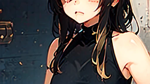 ((((facing right)))), one girl, looking up, 70% black and 30% gold hair, blunt bangs, [looking bored], red eyes, black sleeveless, beautiful shoulders