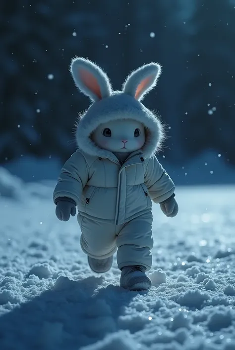 Snow bunny suit, winter night, dark night, soaked, walking on a frozen lake