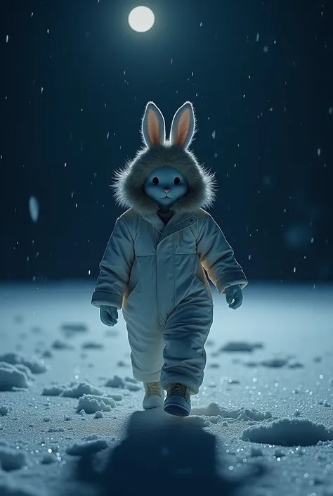 Snow bunny suit, winter night, dark night, soaked, walking on a frozen lake