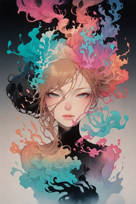 Colorful Abstract Art of Ink Forming a female portrait, Lighting, Sub-Surface Scatterring, Glow, Award-winning Underwater Ink Art by Alberto Seveso, japanese anime, realistic, surreal, 