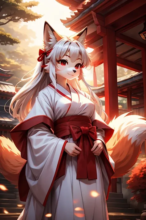 ((furry))、[[woman]]、大人びたwoman、Mysterious、fox、Shrine maiden costume、White Shrine Maiden Clothing、Red Hakama、tabi、shrine、((Best Quality))、((Ultra HD))