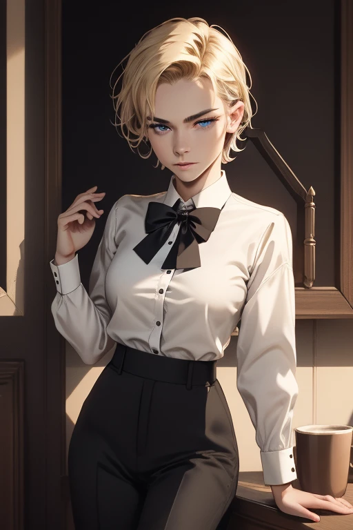 masterpiece, Best Quality, Very detailed, 16k, Ultra-high resolution, cowboy shot, Detailed face, Perfect Fingers, 20-year-old woman, blue eyes, Hanging eyes, Blonde, Short Hair, Black Tuxedo, Red bow tie, Black trousers, Coffee shop master