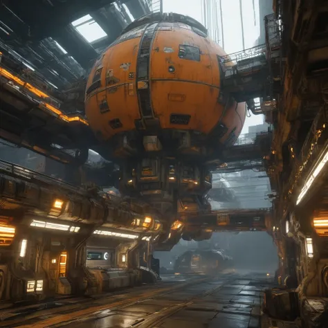 a dilapidated, archaic-style space station, urban cityscape, decaying infrastructure, knotted corridors, bridges connecting modules, vertical cylindrical yellow and orange lights, dusty haze, (best quality,4k,8k,highres,masterpiece:1.2),ultra-detailed,(rea...