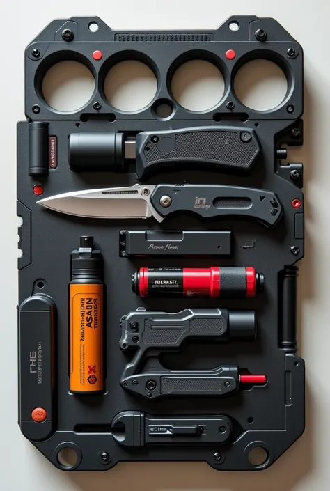 Brass knuckle fusion with pocket knife , mini blade , pepper spray, fire gun , taser , & sos alarm button ( into a mini kit)