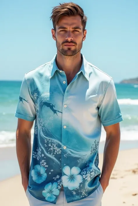 Male social shirt, with the ocean hand painted in light colors blending into the fabric like a watercolor all over the shirt, in some parts painted small light flowers, shown from the front