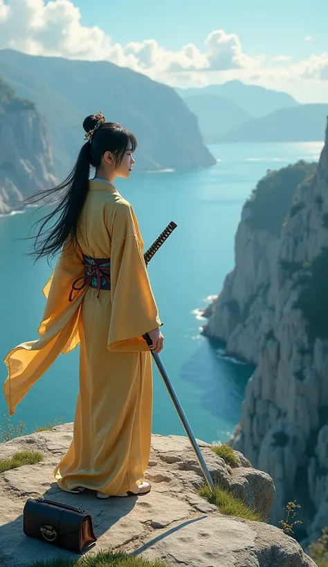 "A beautiful young woman wearing a gold kimono, holding a long katana in her hand, standing on a cliff overlooking a body of water. She appears to be posing for a picture, possibly in a Japanese-style pose. The woman is positioned towards the left side of ...