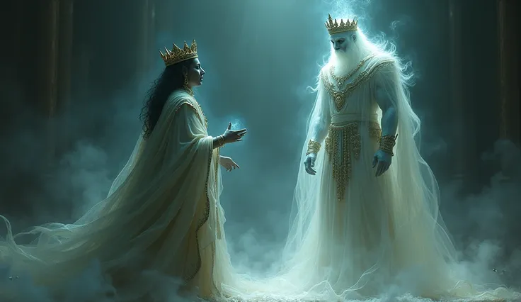  Character: The King’s Soul

Description: The soul of a recently deceased king, dressed in royal robes with a crown, now appearing as a transparent figure filled with fear.

Pose: The king’s soul is trembling, looking up at Yamaraj with a terrified express...