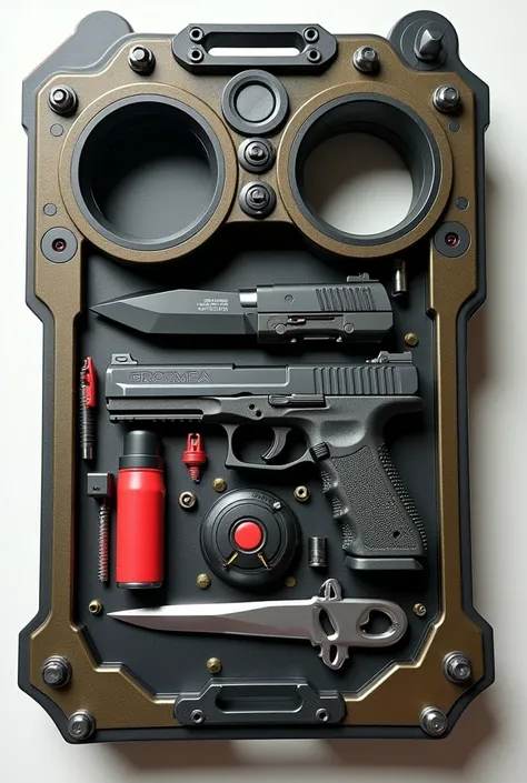 Brass knuckle fusion with pocket knife , mini blade , pepper spray, fire gun , taser , & sos alarm button ( into a mini kit)