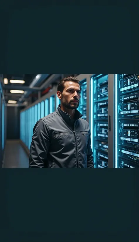 imagem realista e futurista de um homem standing in a server room com vários cabos de rede de data center, standing in a server room, it specialist, Extremely Detailed, the background is a data server room. Cables are structured throughout the data center