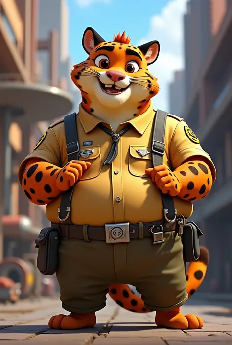 I want a leopard that looks like Benjamin Claw from Zootopia, that is to say that it is animated, humanized, with a uniform but I want it to be an engineer&#39;s uniform, very fat. another pose




