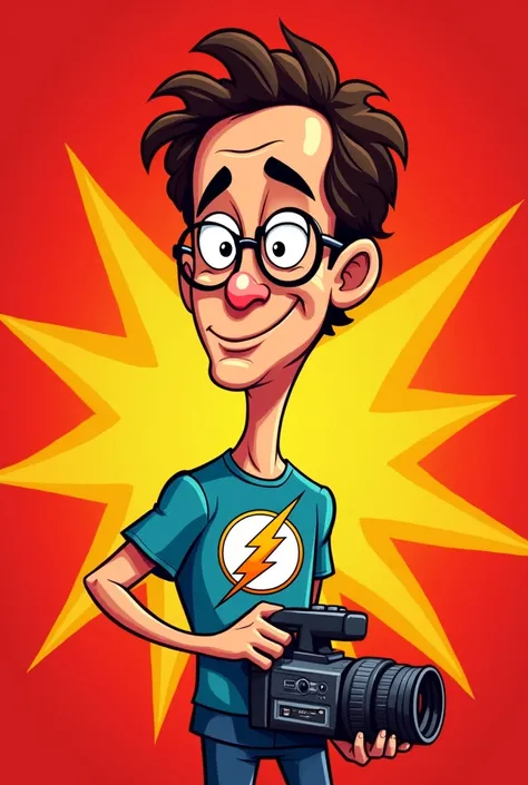 Sheldon Cooper with curly hair forward, without glasses, wearing the t-shirt with the flash symbol, holding a video camera, 2d cartoon, red background with yellow rays 
