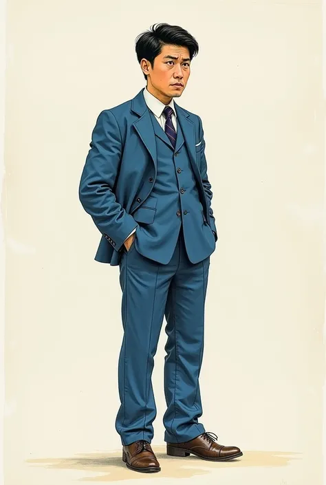 Full body artistic drawing of a man from 1987, 3, who works as a cloth seller and merchant with short black hair, with an expression of tiredness and concern, dark brown eyes, simple blue suit dress, with tie and formal shoes