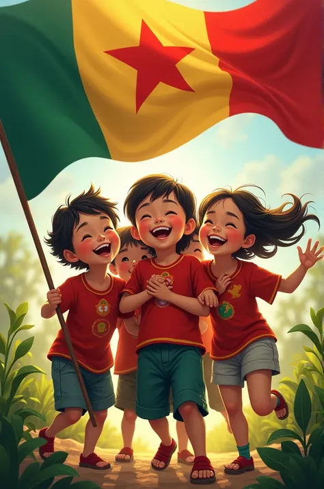 Chini children smiling in flag 

