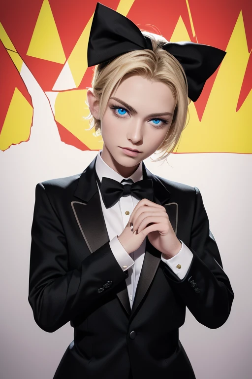 masterpiece, Best Quality, Very detailed, 16k, Ultra-high resolution, (Pop art:1.4), cowboy shot, Detailed face, Perfect Fingers, 20-year-old woman, blue eyes, Hanging eyes, Blonde, Short Hair, Black Tuxedo, Red bow tie, Black trousers, Coffee shop master