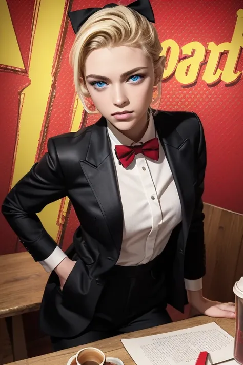 masterpiece, Best Quality, Very detailed, 16k, Ultra-high resolution, (Pop art:1.4), cowboy shot, Detailed face, Perfect Fingers, 20-year-old woman, blue eyes, Hanging eyes, Blonde, Short Hair, Black Tuxedo, Red bow tie, Black trousers, Coffee shop master