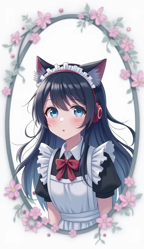 One girl, Look at, Shortcuts, blue eyes, Black Hair, Very long hair, Cat ear headphones, Illustration effect for posters and magazines, Background and frame have rounded corners, There is a lot of white space, Aperture value F4.0, Illustration, Maid unifor...