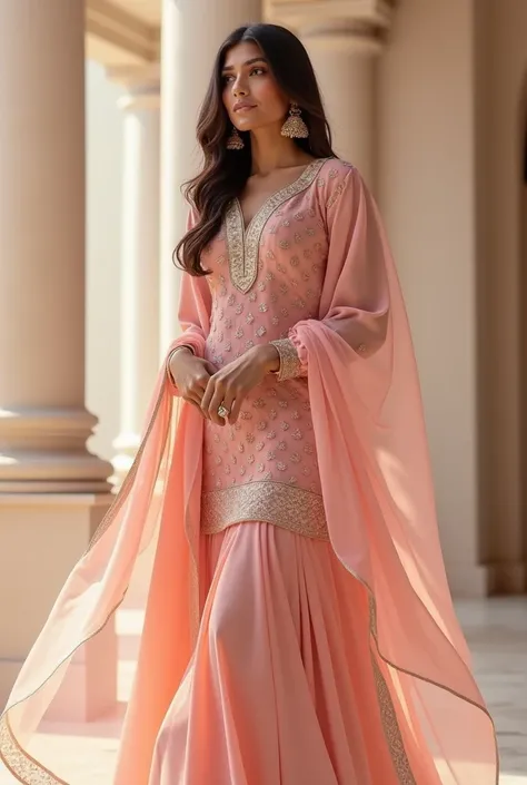 "A beautiful Indian woman wearing a soft and lightweight georgette churidar. The stylish churidar is crafted from delicate georgette fabric, flowing gracefully with intricate details. The outfit has a modern yet traditional appeal, with soft pastel shades ...