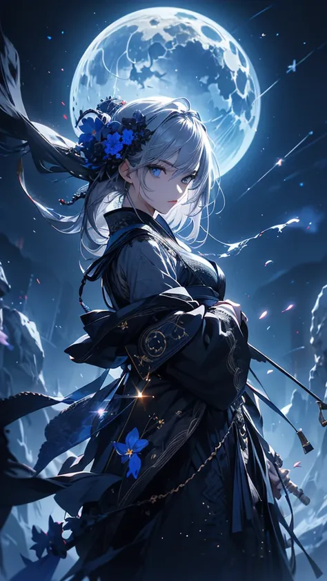 masterpiece, high quality, 4K, Beautiful design, silhouette，Gray Hair， 非常に詳細な夜のStarry Sky,Flower Field， wonderful, Subtle details,  Knowledgeable woman, Very detailed solo female 1,blue eyes，big ，Gothic Fashion，Night view，Starry Sky，Blue Full Moon，