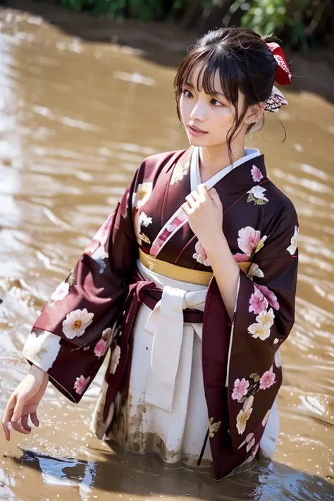 realistic, hakama, kimono, woman, furisode, clothes that stick to the skin, muddy clothes, clothes stained with mud, immersed in...