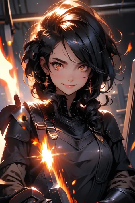 Perfect face. Perfect hands. A black haired woman with orange eyes in a blacksmith outfit is smiling while passing out a textbook on weapons in a welders shop