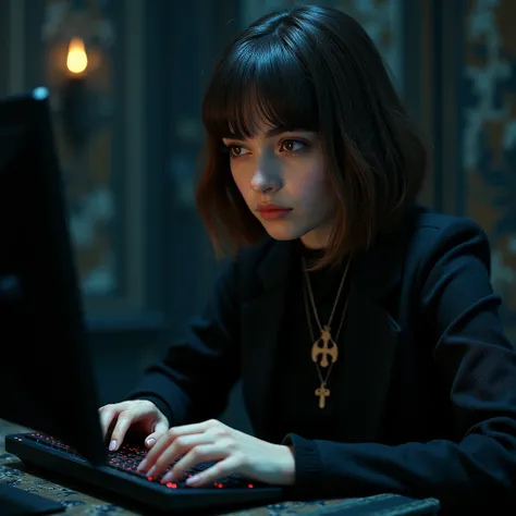 A persian white gothic girl with bangs and bob light brown hair and beautiful brown eyes coding on her gothic computer  