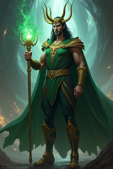 Loki holding scepter with mind stone embedded in it