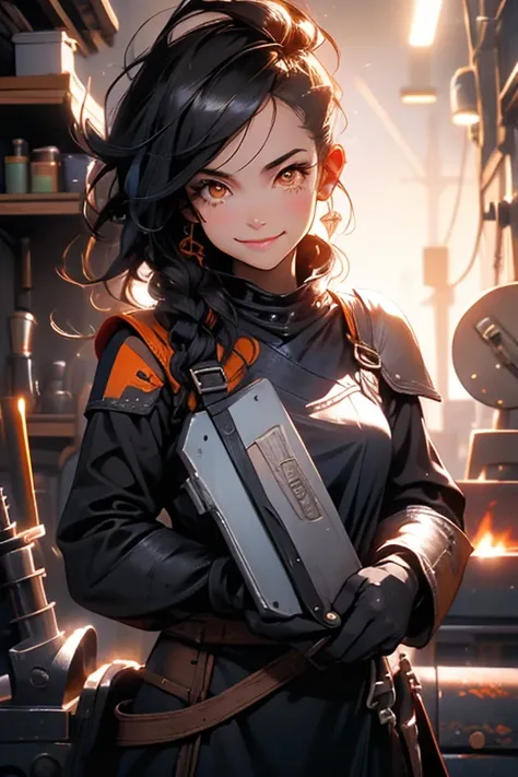 Perfect face. Perfect hands. A black haired woman with orange eyes in a blacksmith outfit is smiling while passing out a textbook on weapons in a welders shop