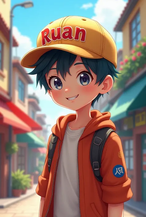 Cute male anime with a cap with his name written on it "Ruan"