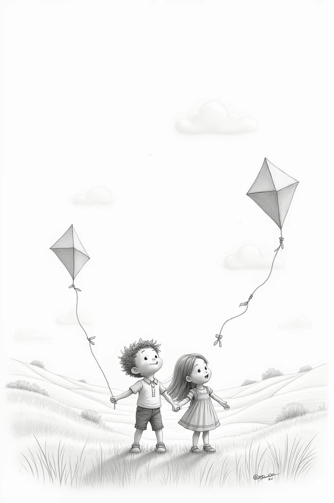 Children flying kites pencil sketch