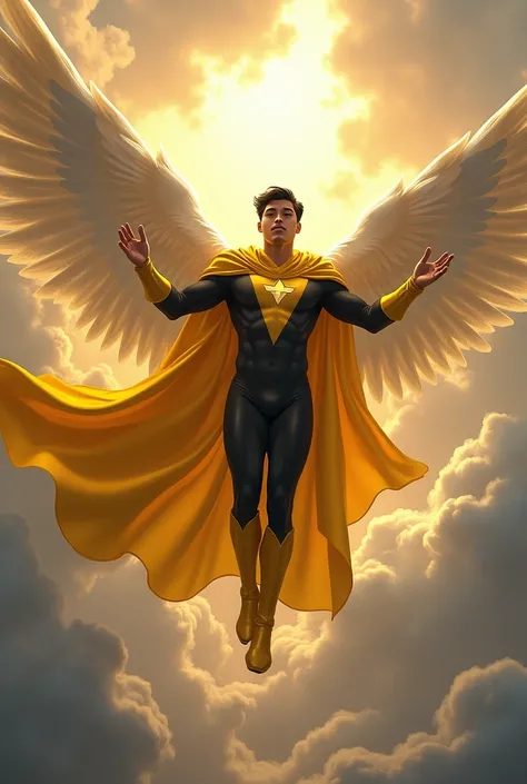 A 20 year old man of Latin appearance, short hair, strong, wearing a yellow and black uniform, with a big cover, coming down from heaven and stretching out his hand 