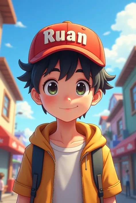 Cute male anime with a cap with his name written on it "Ruan"