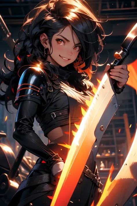 Perfect face. Perfect hands. A black haired woman with orange eyes in a blacksmith outfit is smiling while examining scythes in a welders shop