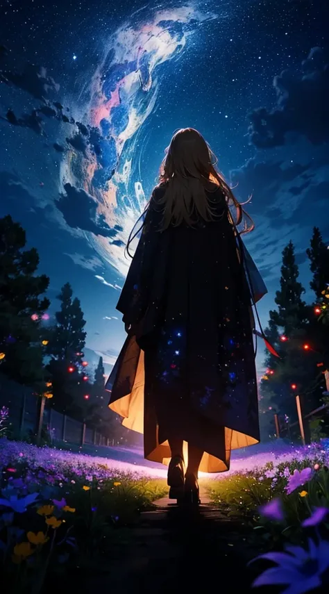 １people々々々々々々々々々々,Blonde long hair woman，Long coat， Dress Silhouette， Rear View，universe ，night，moon，Flower Field，Colorful flowers