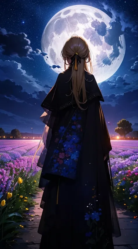 １people々々々々々々々々々々,Blonde long hair woman，Long coat， Dress Silhouette， Rear View，universe ，Flower Field，night，moon，Colorful flowers