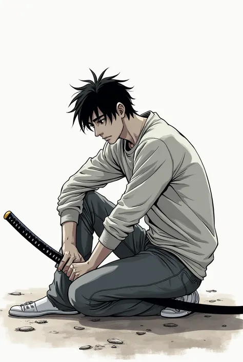 Man in pants and sweatshirt , with a katana , on his knees with a defeated look, manga style.
