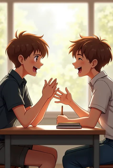 two brown haired boys, they talk happily, each at a different table. At school.