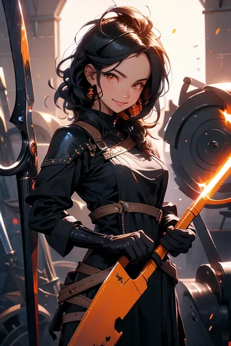 Perfect face. Perfect hands. A black haired woman with orange eyes in a blacksmith outfit is smiling while examining scythes in a welders shop