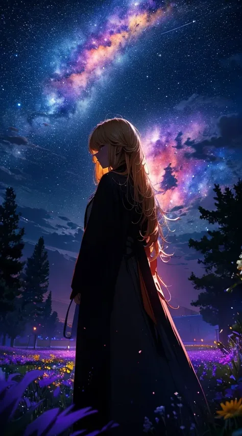 １people々々々々々々々々々々,Blonde long hair woman，Long coat， Dress Silhouette， Rear View，universe ，night，milky way，Flower Field，Colorful flowers