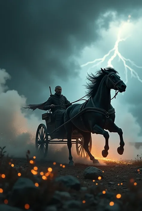 Create a black horse chariot running from a storm with sparks coming out of the wheels and smoke