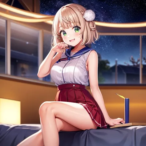 学校の机にsitting一人で、one girl、full body portrait、sleeveless、sitting、white skin，large breasts,,starry sky,milky way,shooting star,fire...