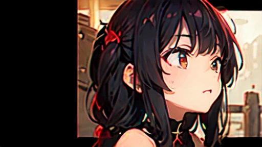 ((((facing right)))), ((((( red eyes))))), one girl, looking up, 70% black and 50% gold hair, blunt bangs, [looking bored],black sleeveless, beautiful shoulders