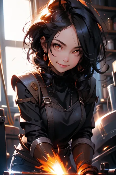 Perfect face. Perfect hands. A black haired woman with orange eyes in a blacksmith outfit is smiling while leaning forward in a welders shop